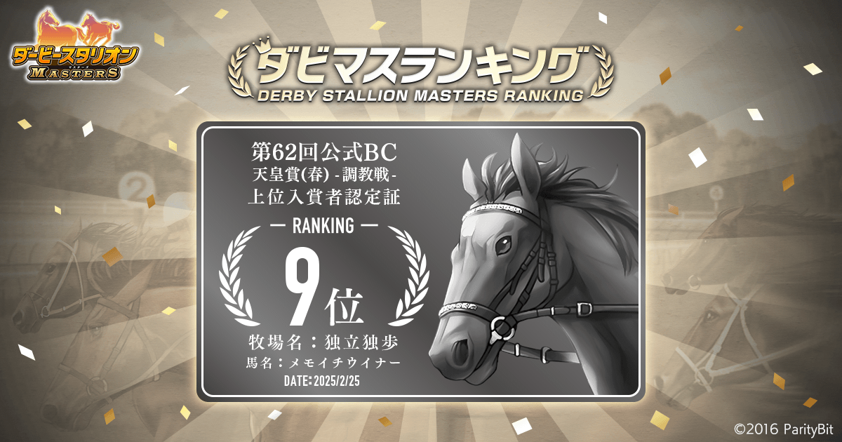第62回公式BC 天皇賞（春） 調教戦 上位入賞者認定証