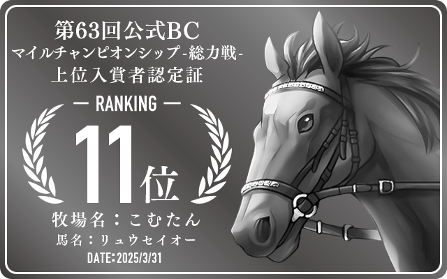 第63回公式BC マイルチャンピオンシップ 総力戦 11位入賞者認定証 牧場：こむたん 馬名：リュウセイオー 認定日：2025年3月31日