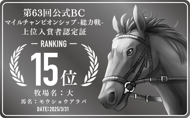 第63回公式BC マイルチャンピオンシップ 総力戦 15位入賞者認定証 牧場：大 馬名：モウショウアラバ 認定日：2025年3月31日