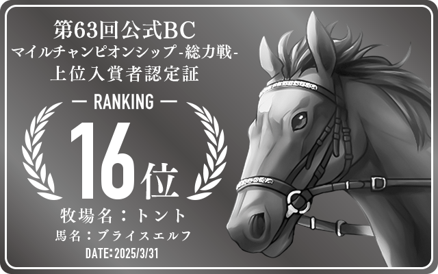 第63回公式BC マイルチャンピオンシップ 総力戦 16位入賞者認定証 牧場：トント 馬名：ブライスエルフ 認定日：2025年3月31日