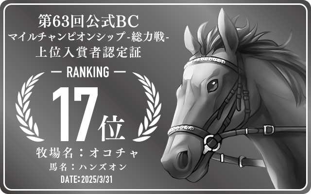 第63回公式BC マイルチャンピオンシップ 総力戦 17位入賞者認定証 牧場：オコチャ 馬名：ハンズオン 認定日：2025年3月31日