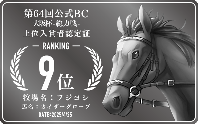 第64回公式BC 大阪杯 総力戦 9位入賞者認定証 牧場：フジヨシ 馬名：カイザーグローブ 認定日：2025年4月25日