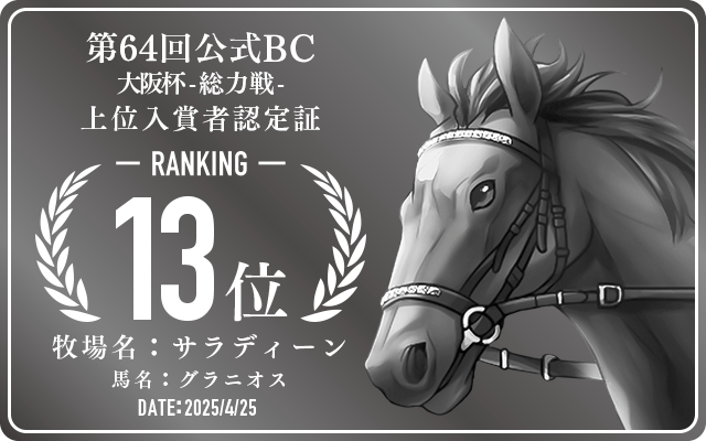 第64回公式BC 大阪杯 総力戦 13位入賞者認定証 牧場：サラディーン 馬名：グラニオス 認定日：2025年4月25日