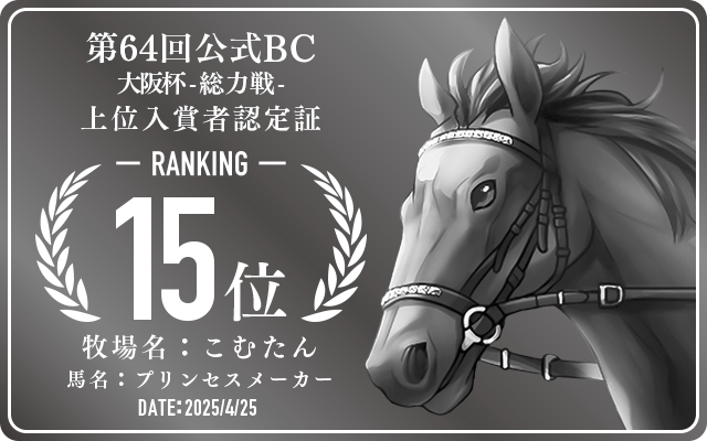第64回公式BC 大阪杯 総力戦 15位入賞者認定証 牧場：こむたん 馬名：プリンセスメーカー 認定日：2025年4月25日
