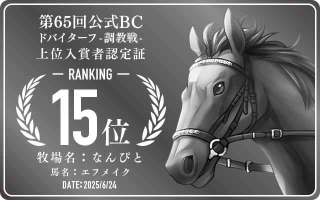 第65回公式BC ドバイターフ 調教戦 15位入賞者認定証 牧場：なんぴと 馬名：エフメイク 認定日：2025年6月24日