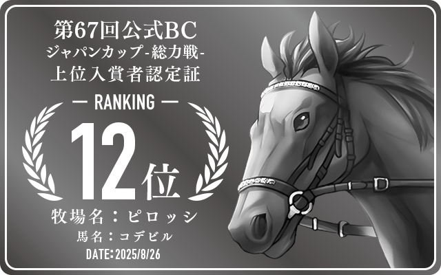 第67回公式BC ジャパンカップ 総力戦 12位入賞者認定証 牧場：ピロッシ 馬名：コデビル 認定日：2025年8月26日