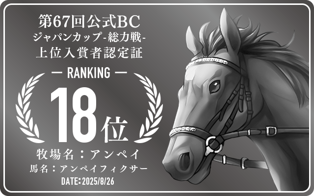 第67回公式BC ジャパンカップ 総力戦 18位入賞者認定証 牧場：アンペイ 馬名：アンペイフィクサー 認定日：2025年8月26日