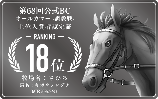 第68回公式BC オールカマー 調教戦 18位入賞者認定証 牧場：さひろ 馬名：キボウノワダチ 認定日：2025年9月30日