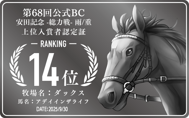 第68回公式BC 安田記念 雨/重 総力戦 14位入賞者認定証 牧場：ダックス 馬名：アデイインザライフ 認定日：2025年9月30日