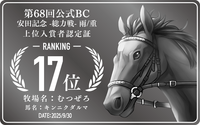 第68回公式BC 安田記念 雨/重 総力戦 17位入賞者認定証 牧場：むつぜろ 馬名：キンニクダルマ 認定日：2025年9月30日