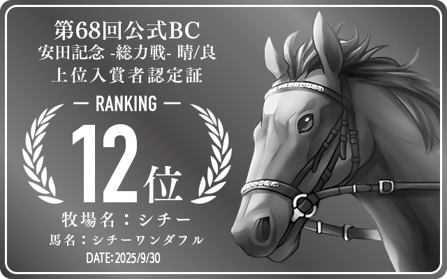 第68回公式BC 安田記念 晴/良 総力戦 12位入賞者認定証 牧場：シチー 馬名：シチーワンダフル 認定日：2025年9月30日