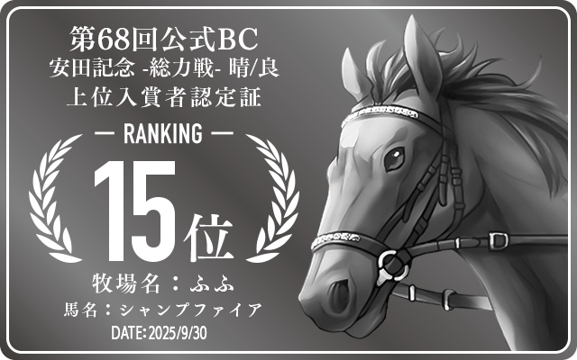 第68回公式BC 安田記念 晴/良 総力戦 15位入賞者認定証 牧場：ふふ 馬名：シャンプファイア 認定日：2025年9月30日