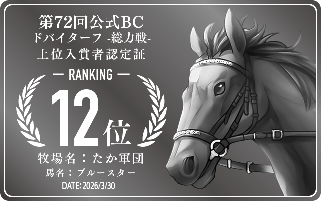 第72回公式BC ドバイターフ 総力戦 12位入賞者認定証 牧場：たか軍団 馬名：ブルースター 認定日：2026年3月30日