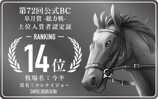 第72回公式BC 皐月賞 総力戦 14位入賞者認定証 牧場：今半 馬名：ツレナイジョー 認定日：2026年3月30日