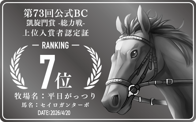 第73回公式BC 凱旋門賞 総力戦 7位入賞者認定証 牧場：平日がっつり 馬名：セイロガンターボ 認定日：2026年4月20日