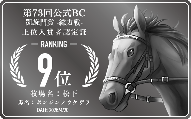 第73回公式BC 凱旋門賞 総力戦 9位入賞者認定証 牧場：松下 馬名：ボンジンノウケザラ 認定日：2026年4月20日