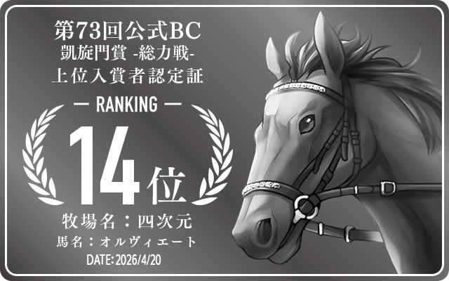 第73回公式BC 凱旋門賞 総力戦 14位入賞者認定証 牧場：四次元 馬名：オルヴィエート 認定日：2026年4月20日