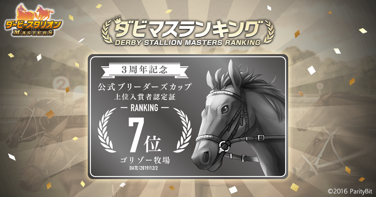 3周年記念公式BC 総合 上位入賞者認定証| 『ダービースタリオン