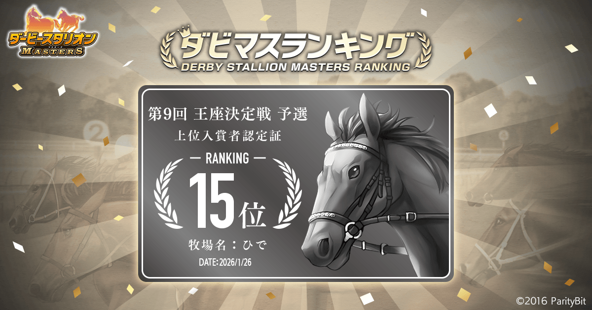予選大会結果 第9回ダビマス王座決定戦 | 『ダービースタリオン