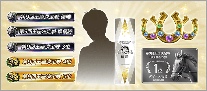 王座決定戦記念トロフィー | 王座決定戦決勝進出認定証 | 王座決定戦限定称号 | 金の馬蹄石